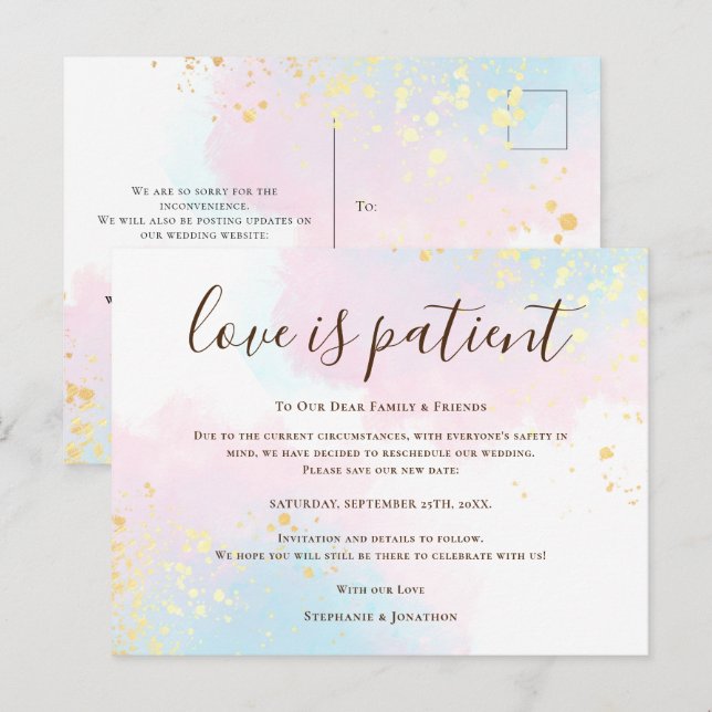 Wedding Love Is Patient Save New Date Teal Pink Announcement Postcard (Front/Back)