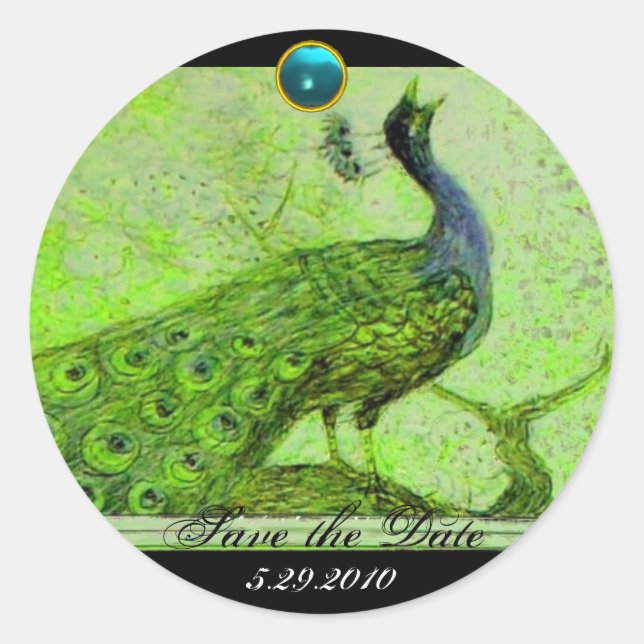 WEDDING LOVE PEACOCK green  black blue aquamarine Classic Round Sticker (Front)