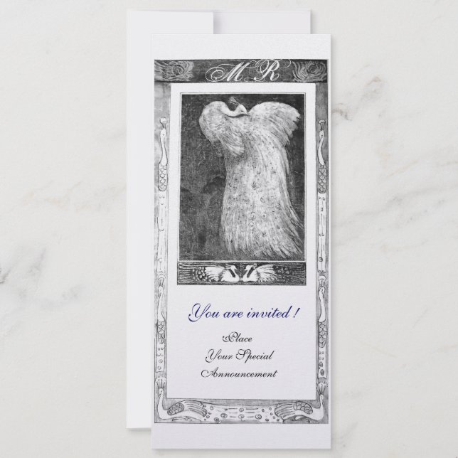 WEDDING LOVE PEACOCK MONOGRAM ,black white Invitation (Front)