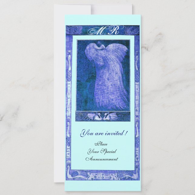 WEDDING LOVE PEACOCK MONOGRAM ,blue white Invitation (Front)