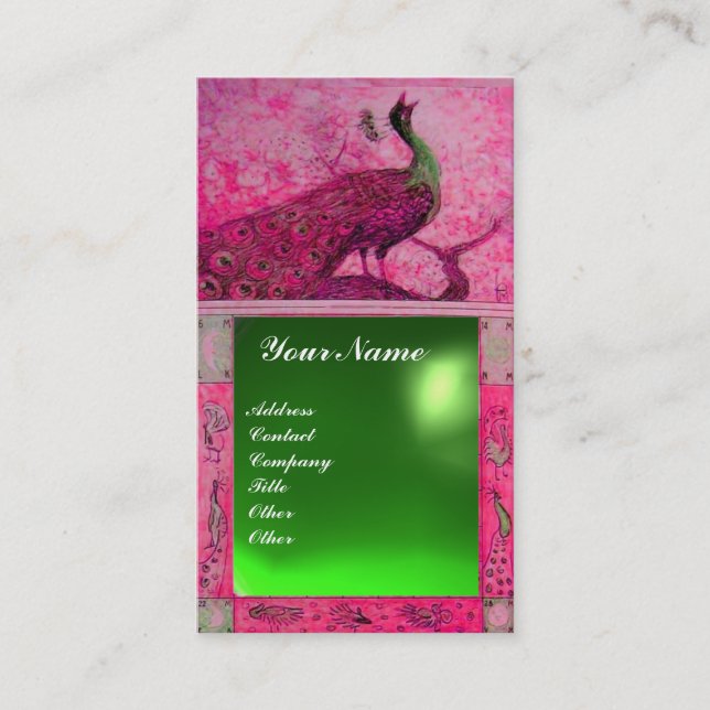 WEDDING LOVE PEACOCK MONOGRAM pink green emerald Business Card (Front)