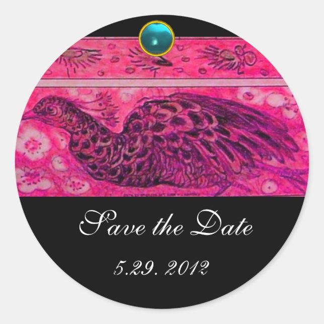 WEDDING LOVE PEACOCK pink black blue aquamarine Classic Round Sticker (Front)