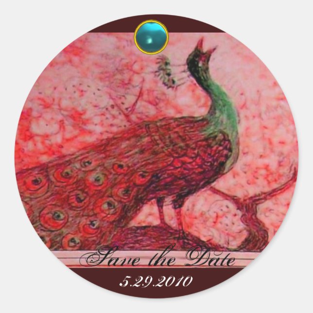 WEDDING LOVE PEACOCK red blue aquamarine Classic Round Sticker (Front)