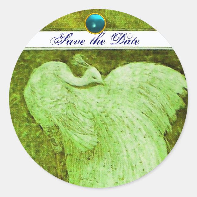 WEDDING LOVE PEACOCK white green blue aquamarine Classic Round Sticker (Front)
