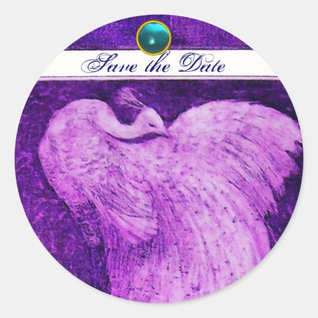 WEDDING LOVE PEACOCK white purple blue aquamarine Classic Round Sticker (Front)