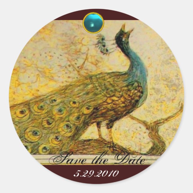 WEDDING LOVE PEACOCK yellow brown blue aquamarine Classic Round Sticker (Front)