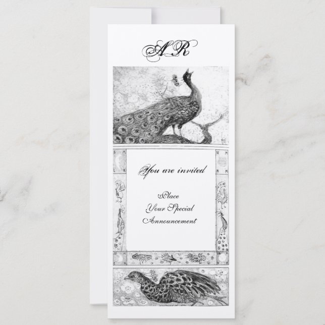 WEDDING LOVE PEACOCKS MONOGRAM black white gold Invitation (Front)