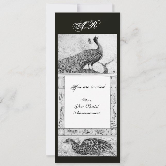 WEDDING LOVE PEACOCKS MONOGRAM black white Invitation (Front)