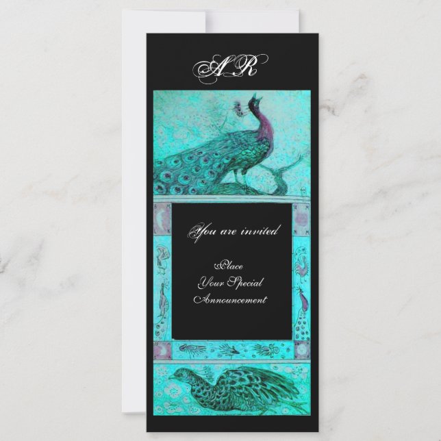 WEDDING LOVE PEACOCKS MONOGRAM blue black Invitation (Front)