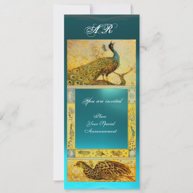 WEDDING LOVE PEACOCKS MONOGRAM brown blue yellow Invitation (Front)