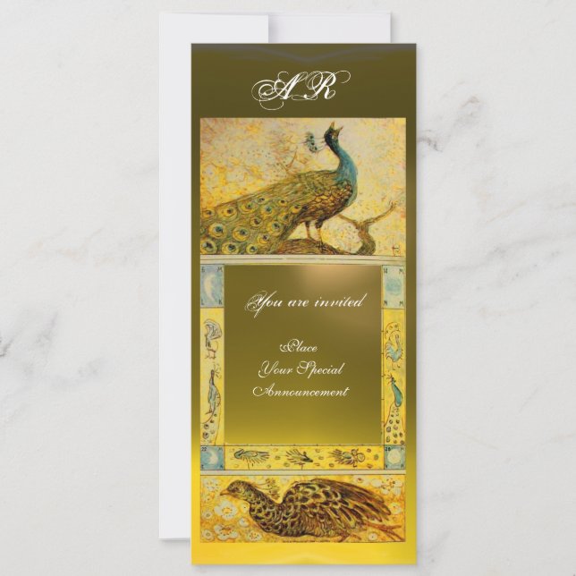 WEDDING LOVE PEACOCKS MONOGRAM ,brown green yellow Invitation (Front)