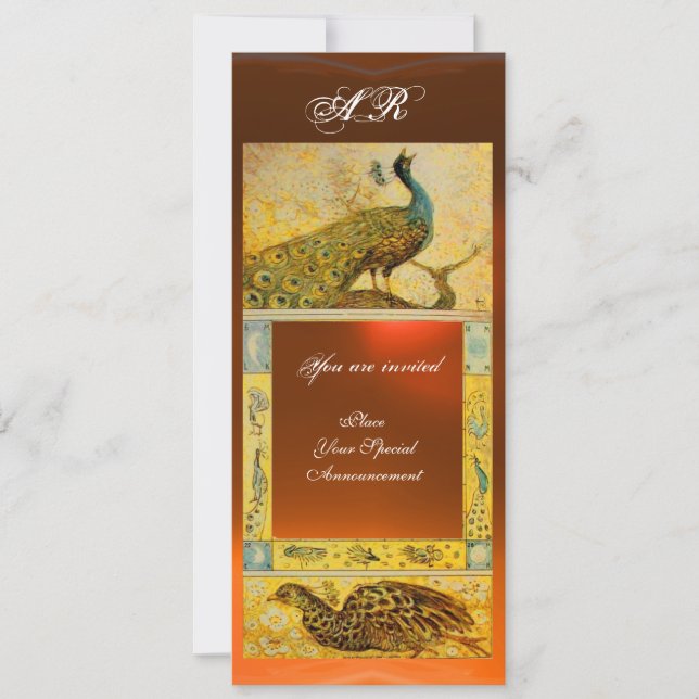 WEDDING LOVE PEACOCKS MONOGRAM brown orange yellow Invitation (Front)