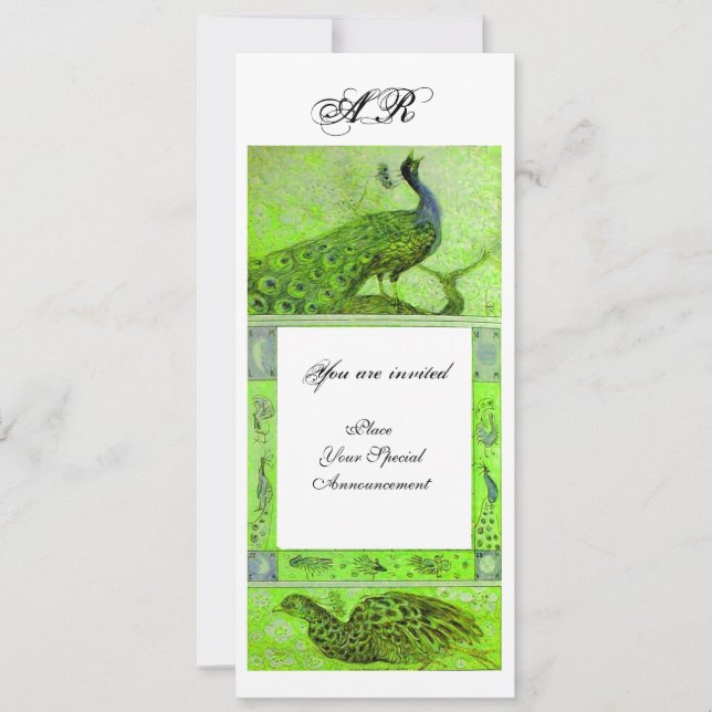 WEDDING LOVE PEACOCKS MONOGRAM  green white Invitation (Front)