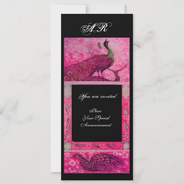 WEDDING LOVE PEACOCKS MONOGRAM pink fuchsiablack Invitation (Front)
