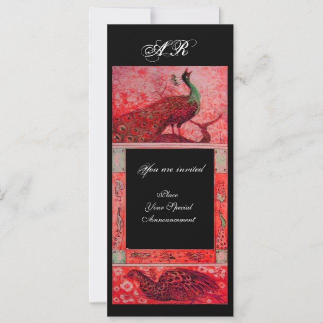 WEDDING LOVE PEACOCKS MONOGRAM red black Invitation (Front)
