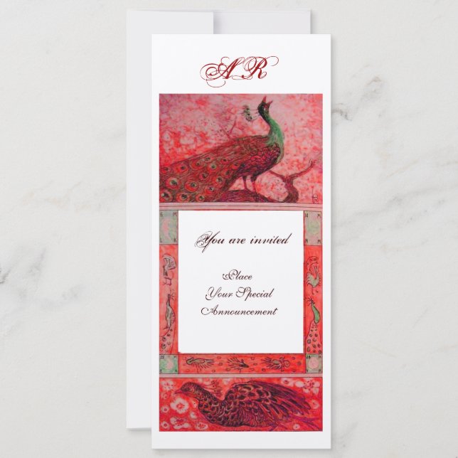 WEDDING LOVE PEACOCKS MONOGRAM red gold metallic Invitation (Front)