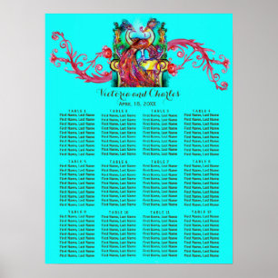 WEDDING LOVE PEACOCKS Red Swirl Blue Seating Chart