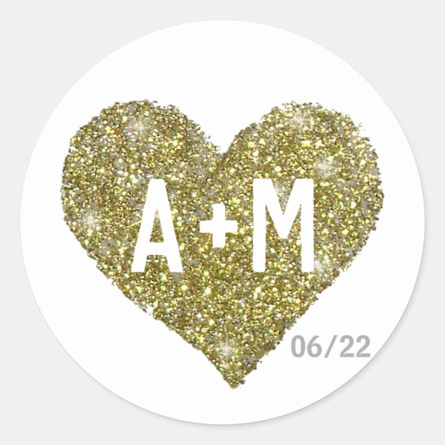 wedding LOVE round sticker with gold heart (Front)