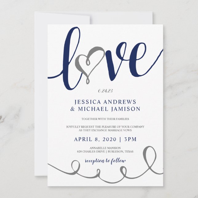 Wedding Love Script Navy Blue & Grey Heart Invitation (Front)