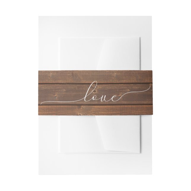 Wedding Love Text On Wood Invitation Belly Band (Front Example)