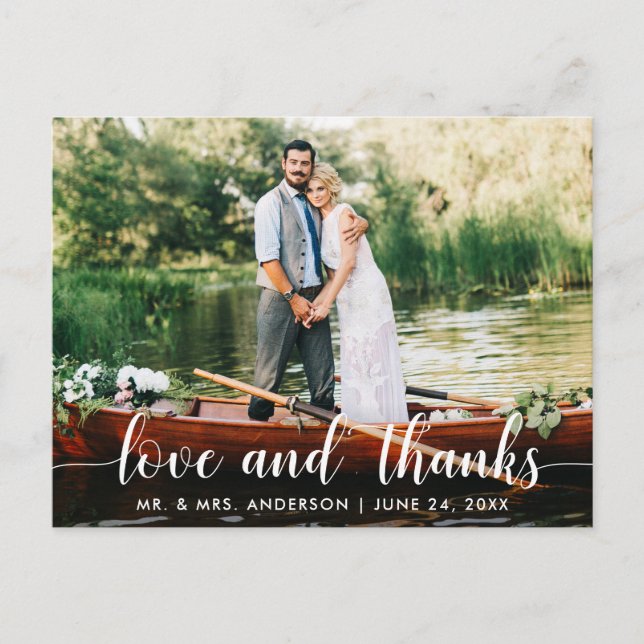 Wedding Love Thanks Bride Groom Photo White Script Postcard (Front)