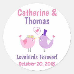 Wedding Lovebirds Cute Pink Purple Classic Round Sticker