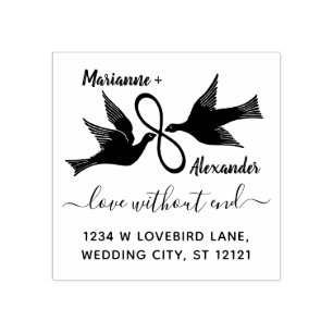 Wedding Lovebirds Infinity   Return Address Custom Rubber Stamp