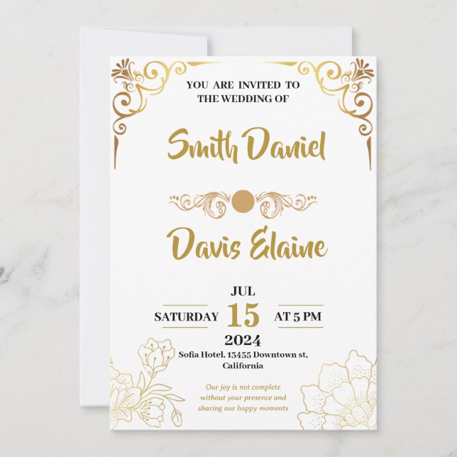 Wedding luxurious Vintage white and Gold Invitation (Front)