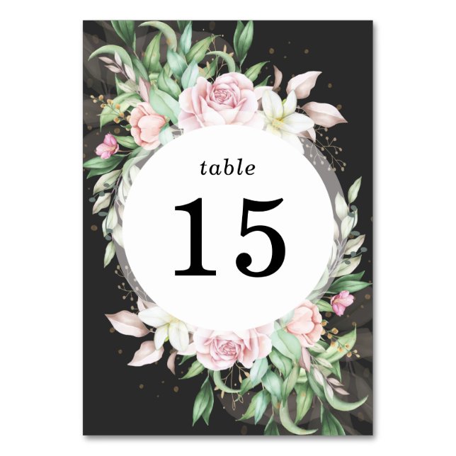 Wedding Luxury Black and Pink Floral  Table Number (Front)