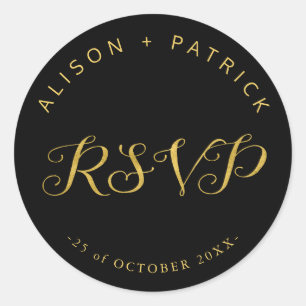 Wedding luxury gold black elegant rsvp classic round sticker