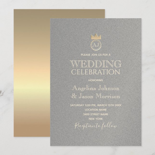 Wedding Luxury Silver and Gold Monogram Invitation (Front/Back)