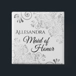 Wedding Maid of Honour Name Tag Silver Lacy Curls 15 Cm Square Badge<br><div class="desc">Identify the key players at your bridal shower, wedding or rehearsal dinner with our elegant, Silver Faux Foil buttons. Designed to coordinate with our Silver Foil Elegant Wedding Suite, this button features a Silver faux foil flourish on a white background with black text reading Maid of Honour and a place...</div>
