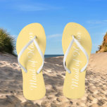 Wedding Maid of Honour Trendy Butter Yellow Flip Flops<br><div class="desc">Gift your wedding bridesmaids with these stylish Maid of Honour flip flops that are a trendy,  butter yellow colour along with white,  stylised script to complement your similar wedding colour scheme. Select foot size along with other options. You may customise your flip flops to change colour to your desire.</div>