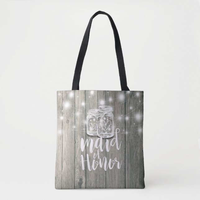 Wedding Maid of Honour Wood Mason Jar String Light Tote Bag (Front)