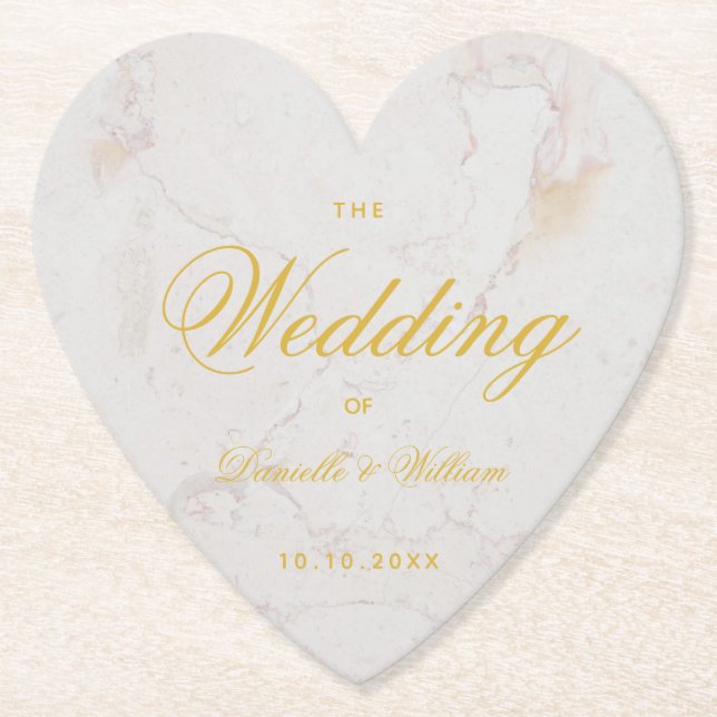 Wedding Marble Gold Elegant Calligraphy Heart Paper Coaster (Front)