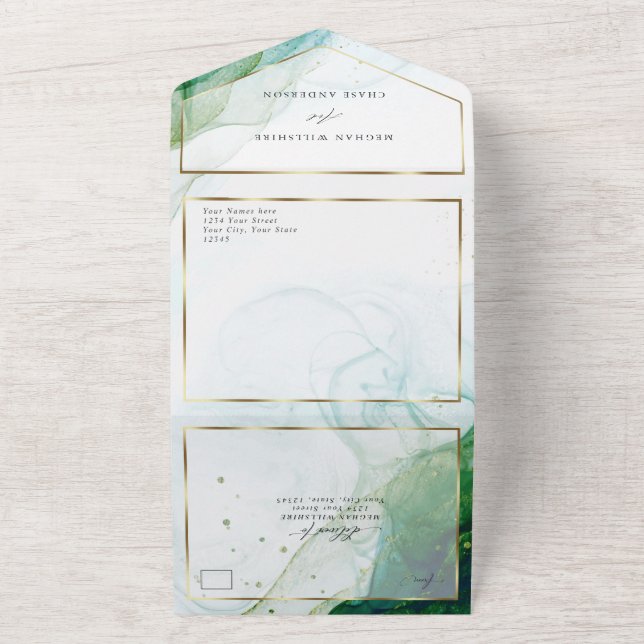 Wedding Marble Kelly Green Teal Alcohol Ink  All In One Invitation (Outside)