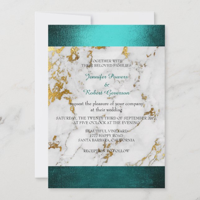 Wedding Marble White Gray Golden Teal Green Invitation (Front)