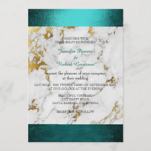Wedding Marble White Gray Golden Teal Green Invitation