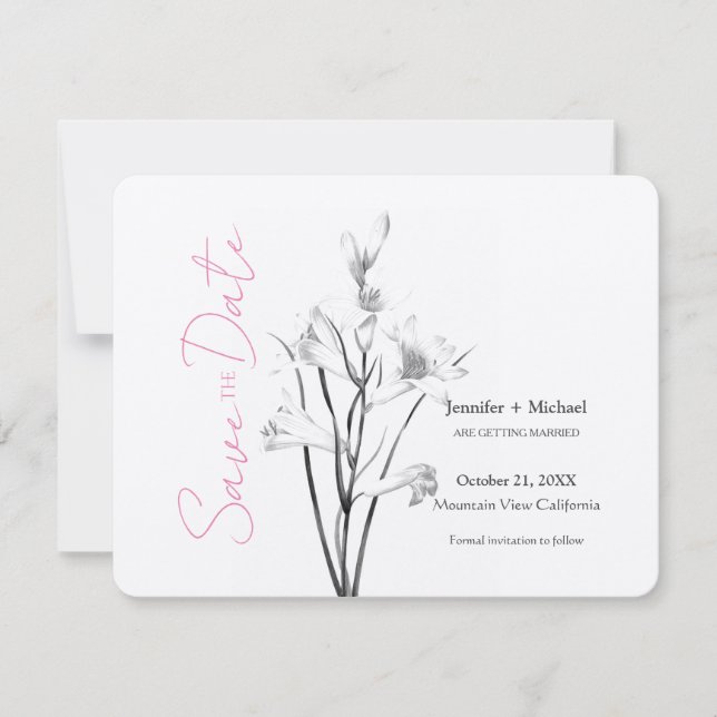 Wedding Marriage Calligraphy Floral Black White Save The Date (Front)