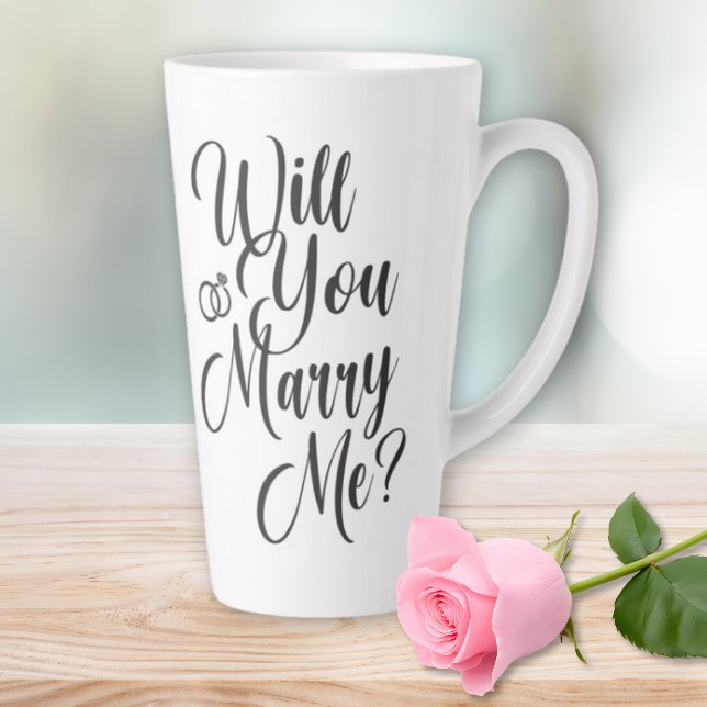 Wedding Marriage Elegant Script Proposal  Latte Mug (Will You Marry Me Elegant Script Black on White Latte Mug - Unique Wedding Proposal Idea)