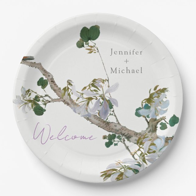 Wedding Marriage Minimalist Calligraphy Floral Paper Plate (Front)