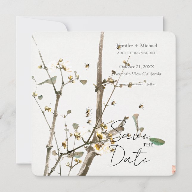 Wedding Marriage Minimalist Calligraphy Floral Save The Date (Front)