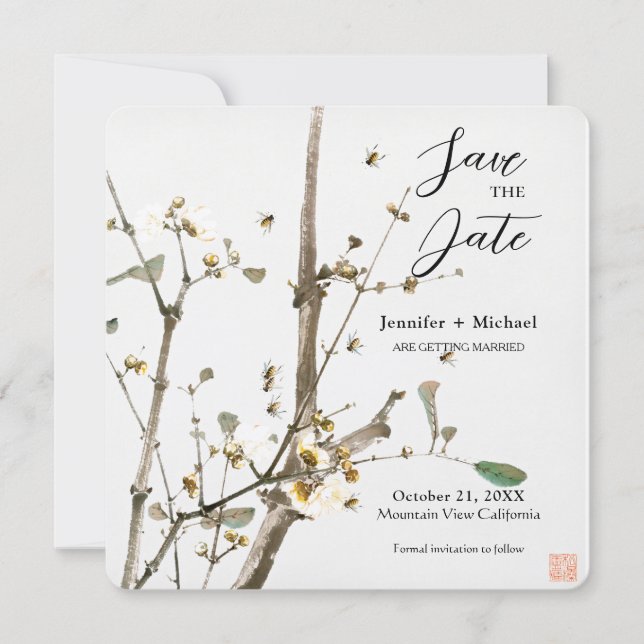 Wedding Marriage Minimalist Calligraphy Floral Save The Date (Front)