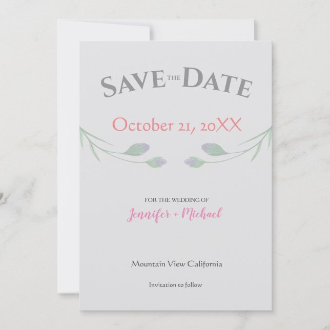 Wedding Marriage Minimalist  Chic Grey Floral Save The Date (Front)