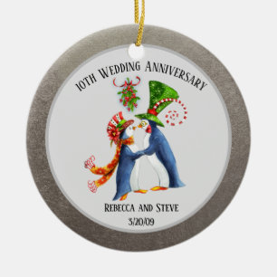 Wedding Married Couple Anniversary Penguin Silver Ceramic Tree Decoration