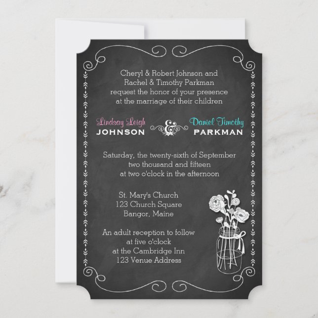 Wedding | Mason Jar, Flowers, Chalkboard 2 Invitation (Front)
