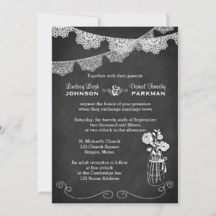 Wedding Mason Jar, Lace Bunting Chalkboard Invitation