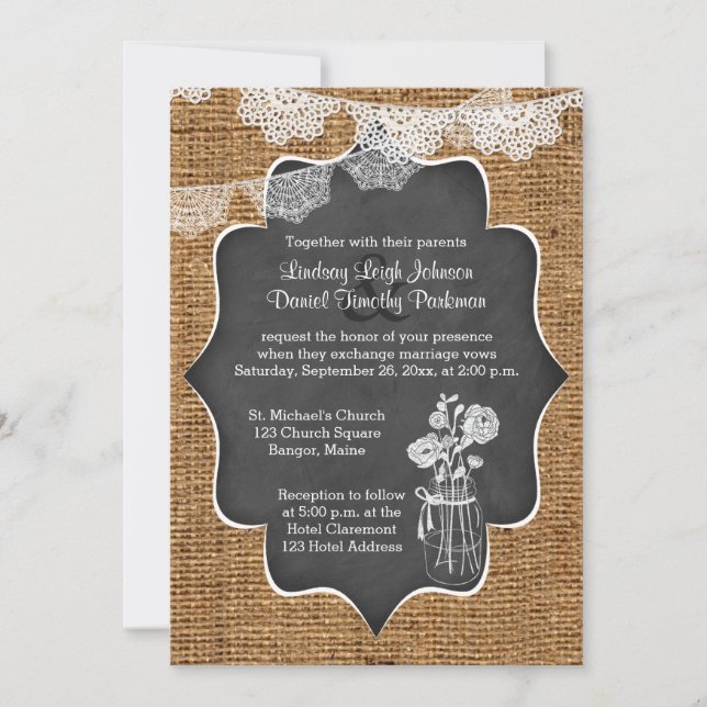 Wedding | Mason Jar, Lace, Burlap | Chalkboard Invitation (Front)