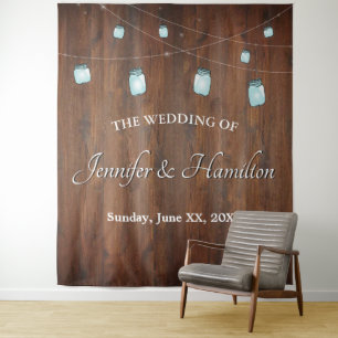 Wedding Mason Jar Lights Barn Wood Backdrop Tapestry