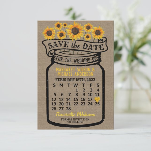 Wedding Mason Jar Sunflower February 2023 Calendar Save The Date (Standing Front)